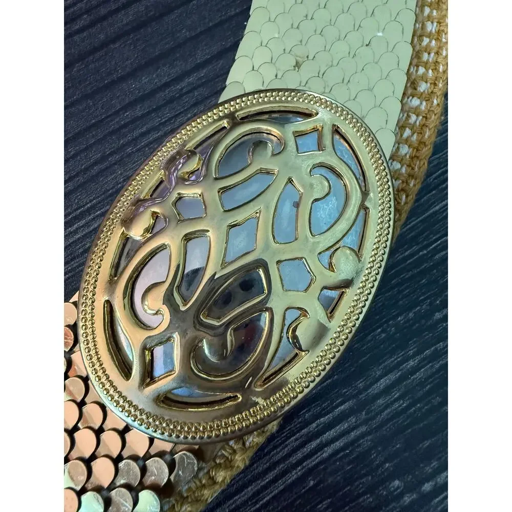 VINTAGE Gold Stretch Day Lor Wide Scale Statement Disco Waist Belt Sz. XL/XXL